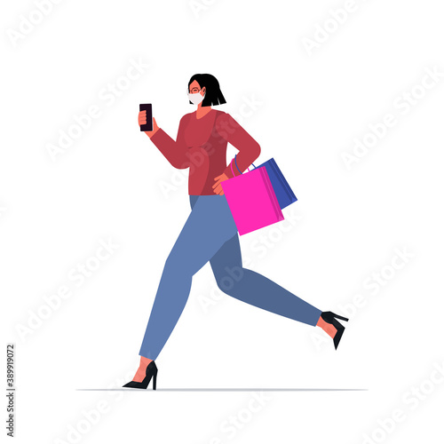 woman in protective mask running with shopping bags black friday big sale promotion discount coronavirus quarantine concept full length isolated vector illustration