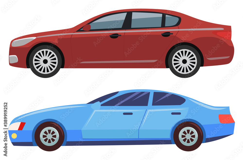 Automobile of city vector, isolated set of cars with wheels and toned windows. Transport riding, auto for journey travel, vehicles for vacations flat style illustration in flat style design for web