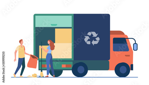 People loading garbage into truck. Trash pickup with recycling sign flat vector illustration. Garbage disposal, volunteering, trash collection concept for banner, website design or landing web page
