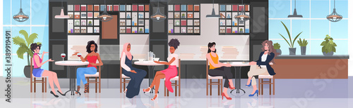 mix race women discussing during meeting in conference area female empowerment movement girl power union of feminists concept horizontal full length vector illustration