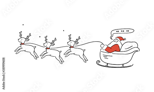 Happy Santa Claus flying in sleigh with reindeers, Christmas greeting card, holiday concept, hand-drawn line art style vector illustration.