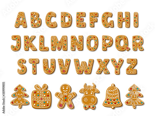 Set of alphabet holidays gingerbread cookies. Christmas abc letters font. Vector Illustration.
