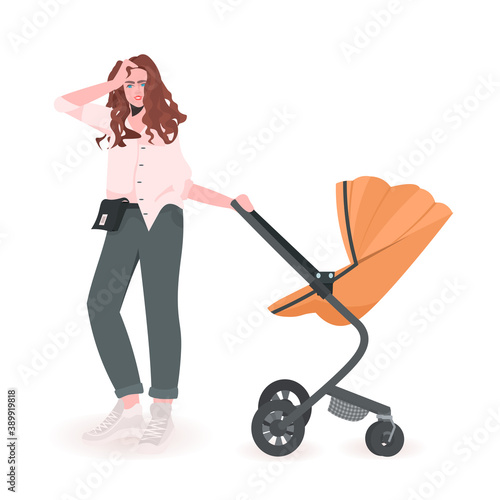 young mother walking with newborn baby in stroller motherhood concept full length vector illustration