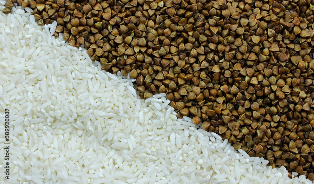 Background of white rice and brown buckwheat Background of white rice and brown buckwheat