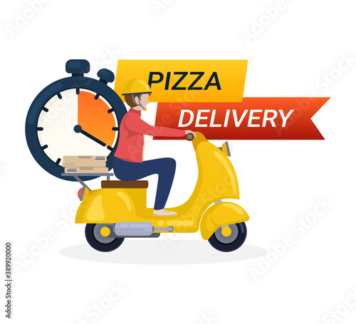 Pizza delivery banner. Online food delivery service, online order tracking, delivery home and office. Scooter delivery isolated on white.