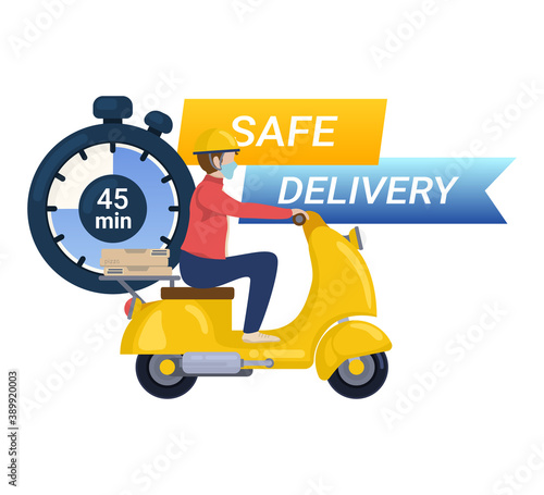 Safe delivery banner. Online food delivery service, online order tracking, delivery home and office. Scooter delivery isolated on white.