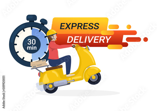 Express delivery banner. Online food delivery service, online order tracking, delivery home and office. Scooter delivery isolated on white.