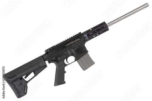 small rifle with a buckled magazine on a white background