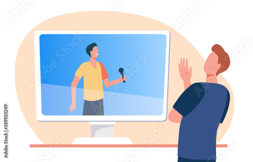 Male singer with mic on TV screen. Excited man watching concert flat vector illustration. Fan, celebrity support, TV show concept for banner, website design or landing web page