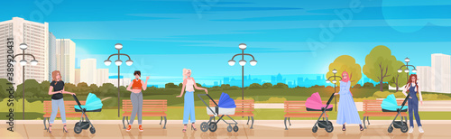 women walking with newborn babies in strollers motherhood pregnancy concept urban park cityscape background horizontal vector illustration