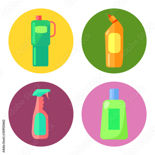 Set of multi-colored plastic containers for cleaning house. Plastic bottles and containers in circles. Logo, infographic for the site. Get rid of house germs, wet cleaning. Flat vector image on white
