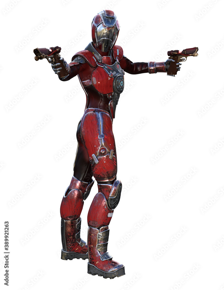 futuristic soldier with guns in a red uniform, 3d illustration futuristic soldier with guns in a red uniform, 3d illustration
