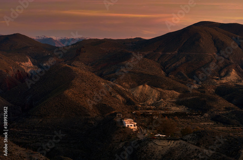 Sunrise over Tabernas Desert, one of the most unique deserts of the world. The only European desert and one of the famous landmarks in Spain. Andalusia, Province of Almeria