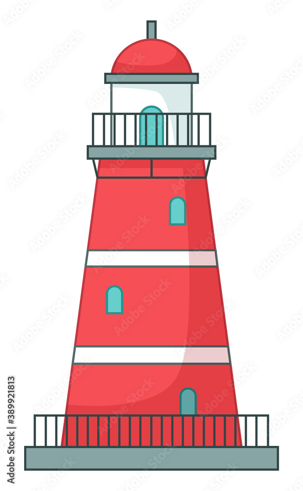 Lighthouse icon isolated at white, navigation building for ships, cartoon vector red lighthouse, beacon s tower with balcony, windows and spire, high building, watchtower, maritime concept, isolated
