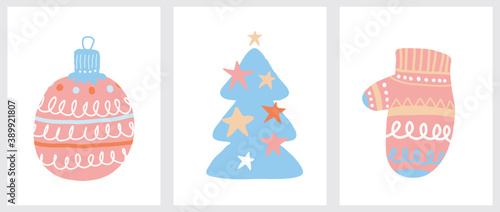 Cute Hand Drawn Christmas Vector Illustrations ideal for Card, Greeting, Label. Scandinavian Style Witer Holiday Print with Starry Christmas Tree,Motley Bauble and Woolen Glove on a White Background.