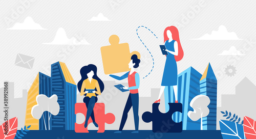 Business teamwork concept vector illustration. Cartoon business people team working, partner businessman holding puzzle jigsaw in creative success solution, communication in partnership background