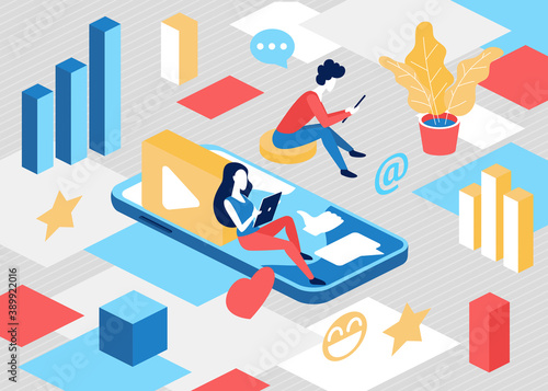 Isometric social network communication concept vector illustration. 3d cartoon tiny people sitting on smart phone  networking  blogger posting video blog content for internet community background