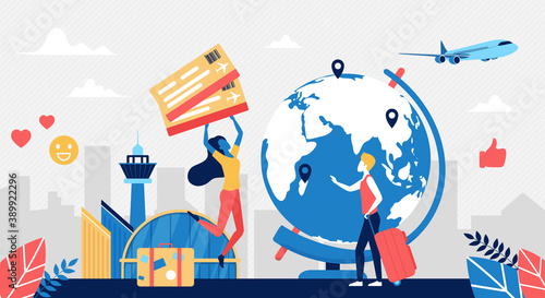 People travel by plane concept vector illustration. Cartoon happy traveller characters holding airplane tickets for global traveling around world, standing next to big world globe, tourism background