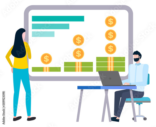 Money profit, business and finance, office workers vector. Graphic or chart, growth and success, dollar bills and coins, man and woman, laptop on desk