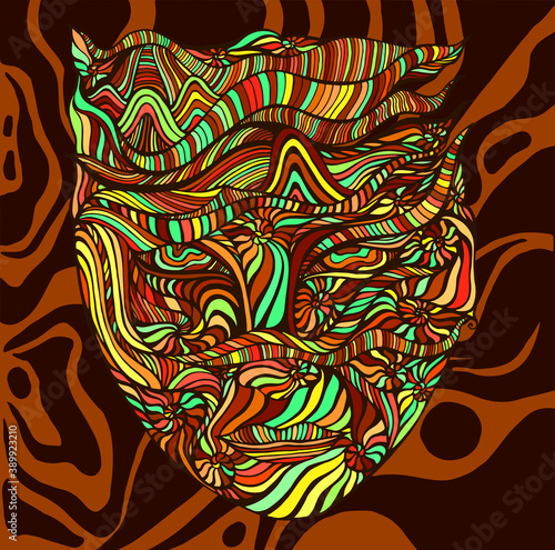 Bizarre surreal tribal colorful shaman face with many ornaments.