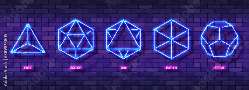 Set of Mystic Esoteric Neon Colorful Symbols. Five Minimal Ideal Platonic Solids. Sacred Geometry Sign Template Design. Night Glow Icons for Bright Advertising Backgrounds. Vector Illustration EPS 10