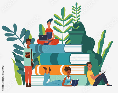 Young people group reading books. Study, learning knowledge and education vector concept