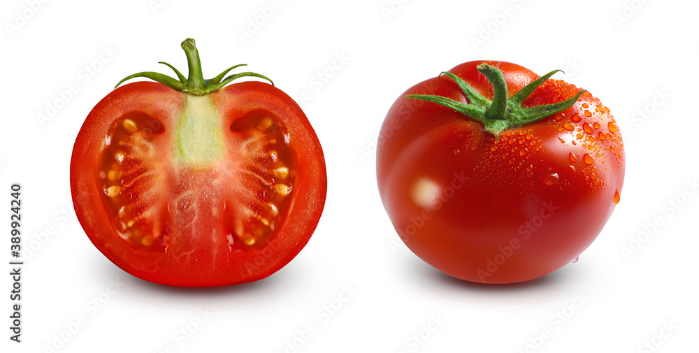 One whole tomato in drops of water and slice isolated on a white background. Several summer vegetables for packaging design of juice, sauces, ketchup, tomato paste, smoothie, preservation. One whole tomato in drops of water and slice isolated on a white background. Several summer vegetables for packaging design of juice, sauces, ketchup, tomato paste, smoothie, preservation.