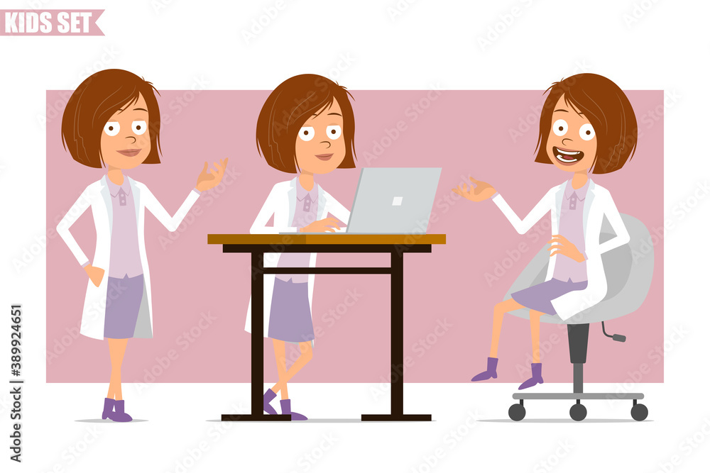 Cartoon flat funny little scientist doctor girl character in white uniform. Kid working on laptop and posing for photo. Ready for animation. Isolated on pink background. Vector set. Cartoon flat funny little scientist doctor girl character in white uniform. Kid working on laptop and posing for photo. Ready for animation. Isolated on pink background. Vector set.