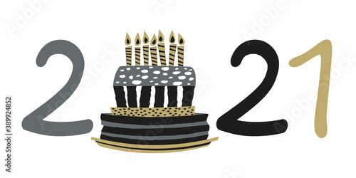 Carte de vœux 2021 présentant le dessin stylisé d’un gâteau avec des sept bougies, pour fêter un anniversaire.