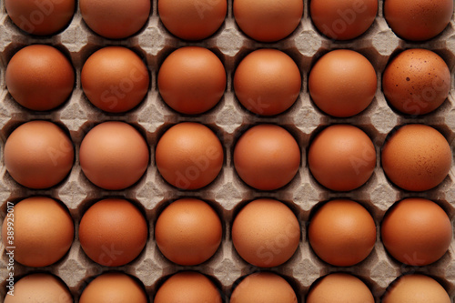 Closeup of many fresh brown eggs in carton tray Top viev