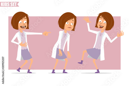 Cartoon flat funny little scientist doctor girl character in white uniform. Kid sad, tired, laughing, jumping and dancing. Ready for animation. Isolated on pink background. Vector set.