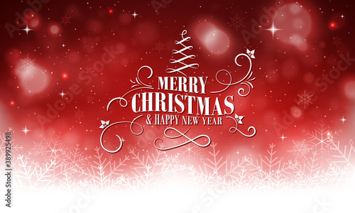 Christmas and New Year red glowing greeting with snowflakes and stars.