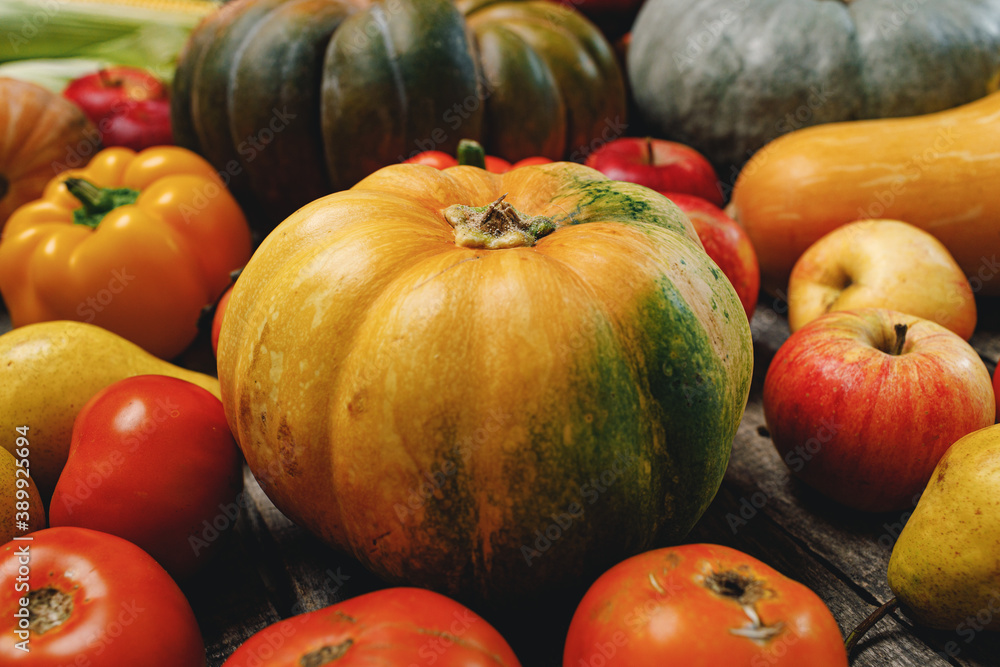 Pumpkins and red apples on wooden background Pumpkins and red apples on wooden background