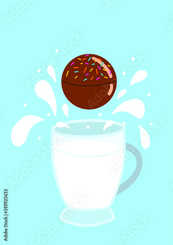 hot chocolate bomb with milk splash on a blue background and with a mug of milk
