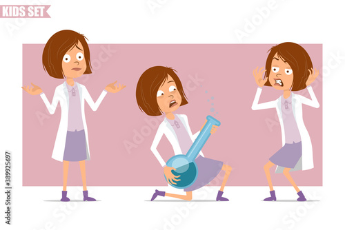 Cartoon flat funny little scientist doctor girl character in white uniform. Kid angry, scared and holding chemical flask with liquid. Ready for animation. Isolated on pink background. Vector set.