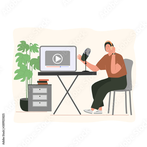 Radio host with table. Male podcaster, broadcaster at workspace isolated cartoon character. Cartoon person listening and recording audio podcast. Online lerning, online conference.