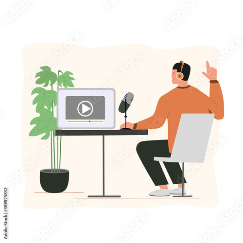 Radio host with table. Male podcaster, broadcaster at workspace isolated cartoon character. Cartoon person listening and recording audio podcast. Online lerning, online conference.