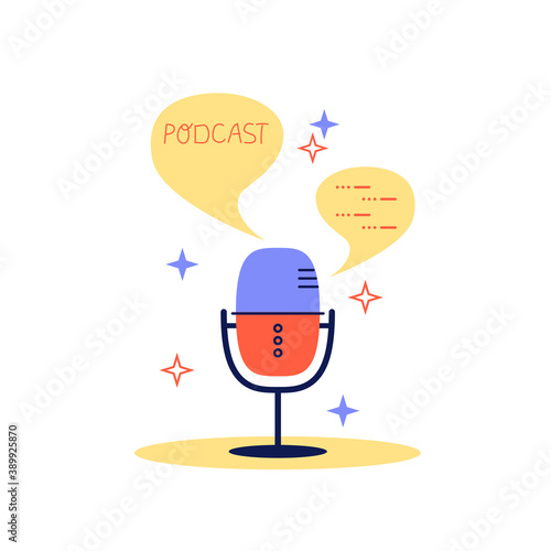 Studio microphone table broadcast podcast. Media, radio hosting doodle drawing. Podcaster, broadcaster working space, microphone, cartoon character. Flat vector illustration, isolated object.
