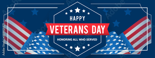 Veterans Day Banner Vector illustration, Honoring all who served. US flag waving in vintage frame