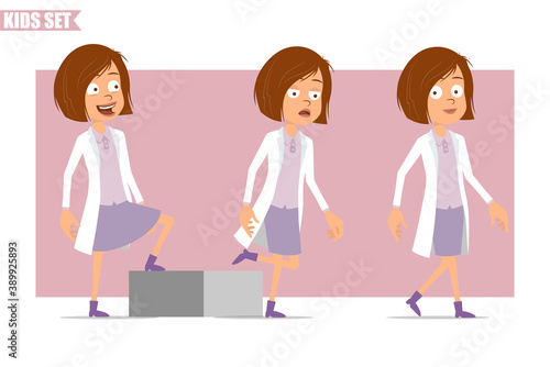 Cartoon flat funny little scientist doctor girl character in white uniform. Successful tired kid walking up to her goal. Ready for animation. Isolated on pink background. Vector set.