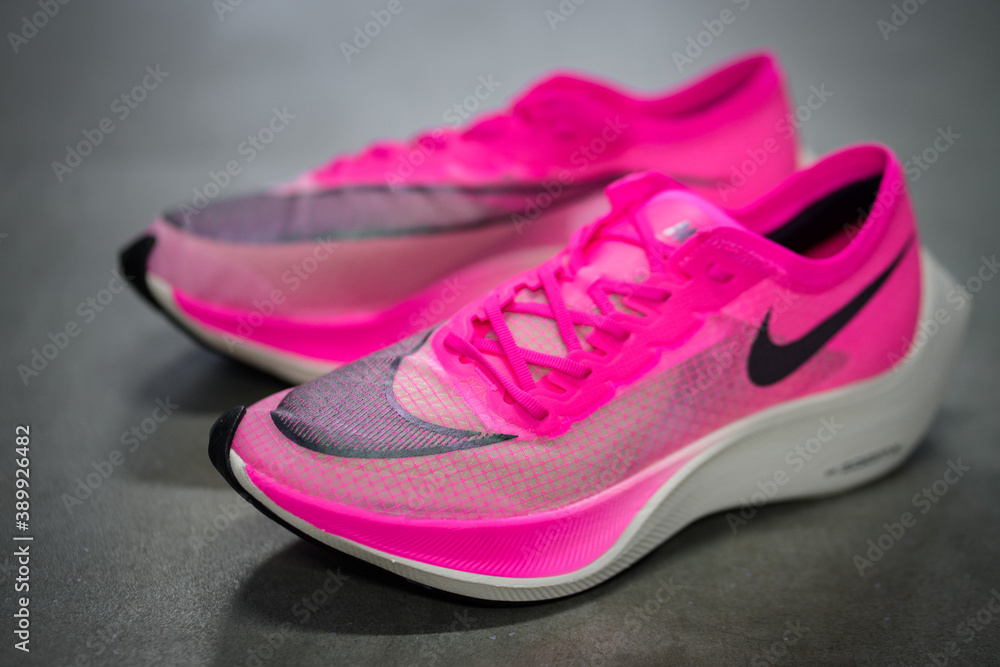 Bangkok / Thailand - October 2019 : Nike launch "ZoomX Vaporfly Next%" in  new pink color. This is