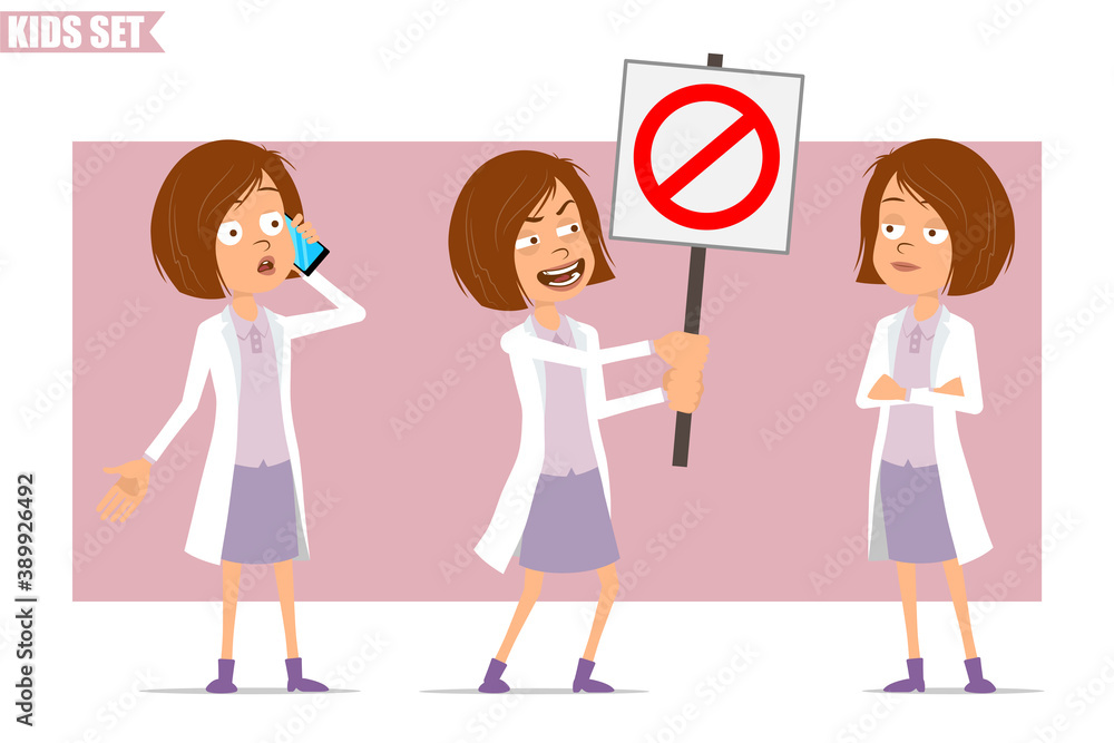 Cartoon flat funny little scientist doctor girl character in white uniform. Kid talking on phone and holding no entry stop sign. Ready for animation. Isolated on pink background. Vector set.