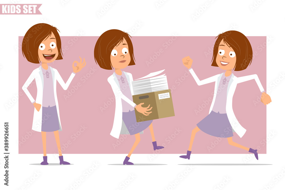 Cartoon flat funny little scientist doctor girl character in white uniform. Kid carrying box with paper documents and showing okay sign. Ready for animation. Isolated on pink background. Vector set. Cartoon flat funny little scientist doctor girl character in white uniform. Kid carrying box with paper documents and showing okay sign. Ready for animation. Isolated on pink background. Vector set.