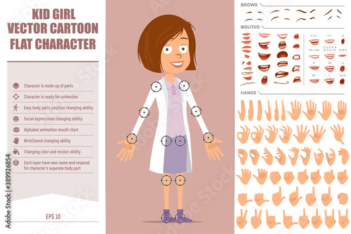 Cartoon flat funny little doctor kid girl character in white uniform. Ready for animation. Face expressions, eyes, brows, mouth and hands easy to edit. Isolated on pink background. Vector set.