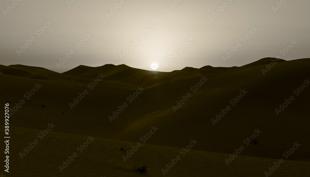 sepia landscape sunset in the desert as you can the sun setting on the horizon right over the dunes 