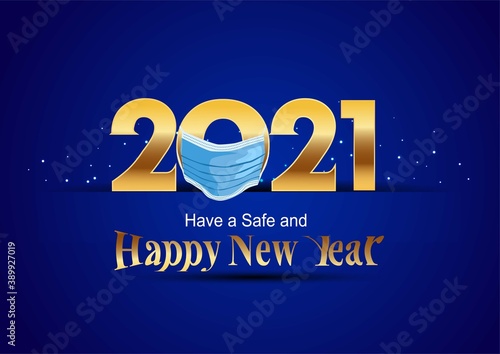 happy new year 2021 golden letter with blue background. covid-19, corona virus concept