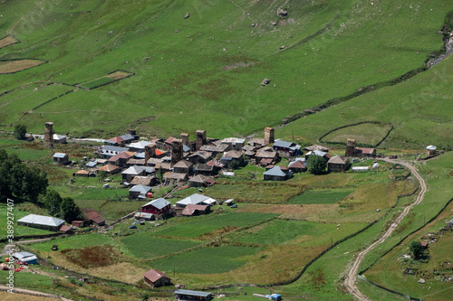 Bird eye view on Ushguli community, Upper Svaneti, Georgia. Authentic and traditional architecture in one of the highest inhabited settlements in Europe.