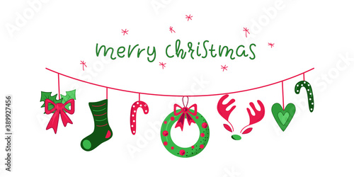 6. Various hanging Christmas decorations forming a universal border isolated on white background. MERRY CHRISTMAS letter. Flat style. Vector illustration 