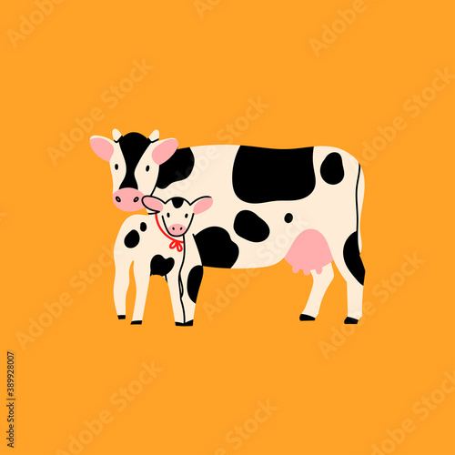 Cute Cow and Calf standing and looking in camera. Hand drawn colored trendy Vector illustration. Funny characters. Cartoon style. Flat design. Rural farm Animals concept. Isolated on yellow background
