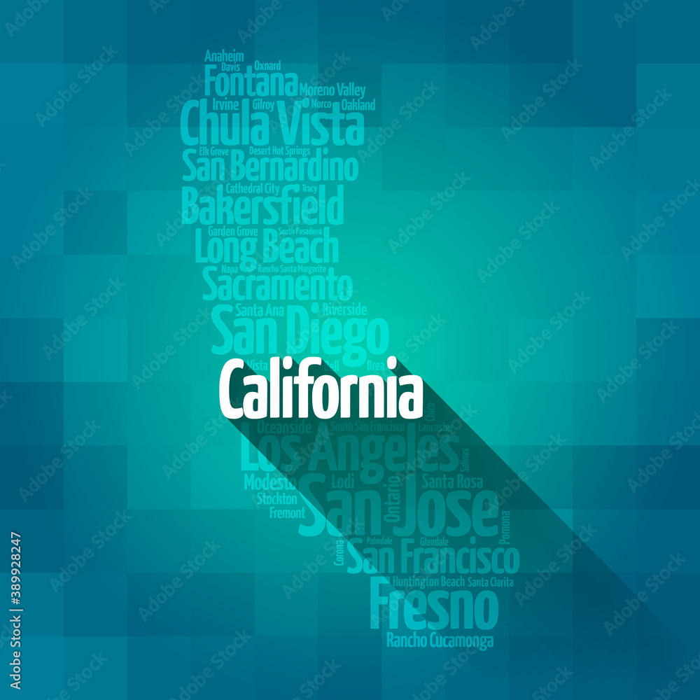 List of cities in California USA state, map silhouette word cloud map